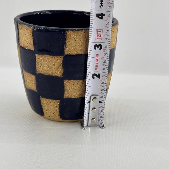 Handmade Studio Art Pottery Checkered Planter Navy Blue & Brown 3.5" Tall - Picture 5 of 5